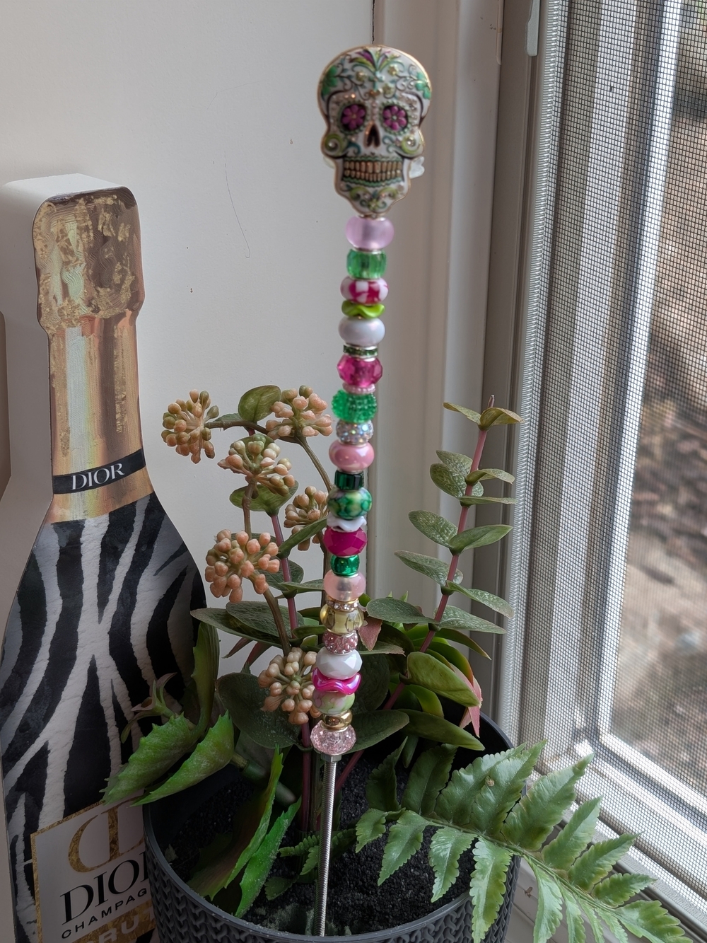 Handmade Fairy Wand/Plant/Garden Stake W/Pink & Green Skull Topper